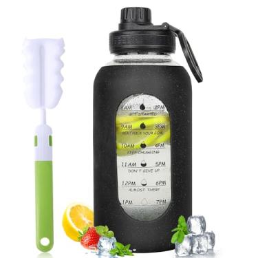 Imagem de Garrafa de água de vidro de 1,134 g com alça de tampa, marcador de tempo, jarro de água esportivo motivacional com manga de silicone, garrafa de água de boca larga para academia, treino, viagem,