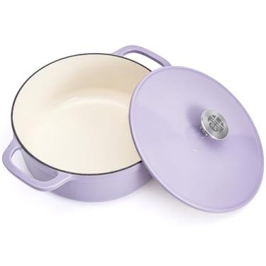 Imagem de WANGYUANJI Forno holandês de ferro fundido esmaltado de 3,7 litros com tampa, panela resistente de 24 cm, retenção uniforme de calor para ensopados e refogados, botão de aço inoxidável, roxo
