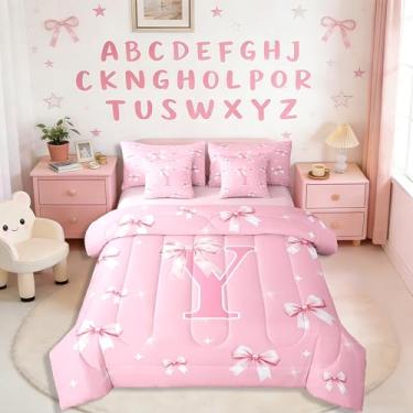 Imagem de Erosebridal Conjunto de edredom casal com laço rosa com 7 peças, fofo, letra Y, conjunto de cama em uma bolsa, com nó de borboleta, para mulheres, adultos, princesa, estrelas, conjunto de cama
