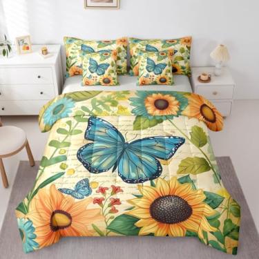 Imagem de Erosebridal Jogo de cama queen com estampa de borboleta azul e girassol, retrô, botânico, jardim, floral, rústico, vintage, amarelo e azul