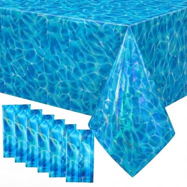 Imagem de Gilprop 6 toalhas de mesa iridescentes com ondas do oceano, 137 x 272 cm, toalha de mesa azul de plástico azul sob o mar, descartável, refletiva, para aniversário, praia, piscina, decoração de festa