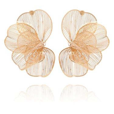 Imagem de Wantjewlee Brincos de ouro para mulheres, na moda, hipoalergênicos, volumosos, folha de flor, brincos pendentes de gota de ouro para festas, casamentos, presentes de aniversário, Metal, Sem pedra