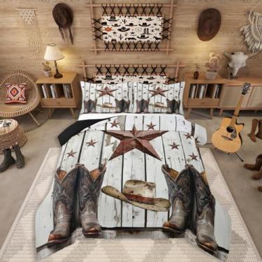 Imagem de Erosebridal Conjunto de edredom Queen com estrela do oeste do Texas, casa de fazenda rústica, retrô, estilo caubói, ferradura, para quarto de crianças, adolescentes, adultos, homens, quarto, casa de