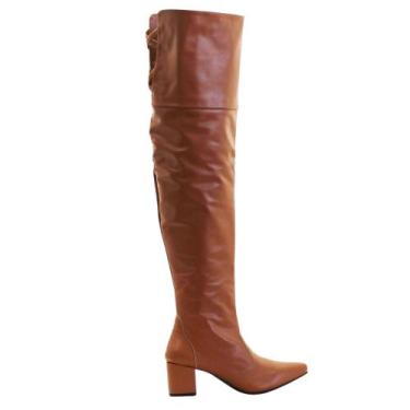 Imagem de Botas Femininas Couro Over The Knee Salto Bloco Bico Fino Tendência - 