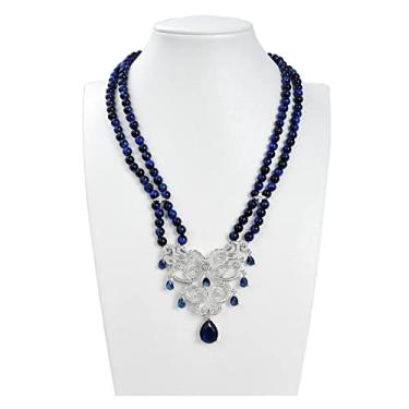 Imagem de Colar de pedra joia 45,7 cm redondo olho de tigre azul pingente pavê