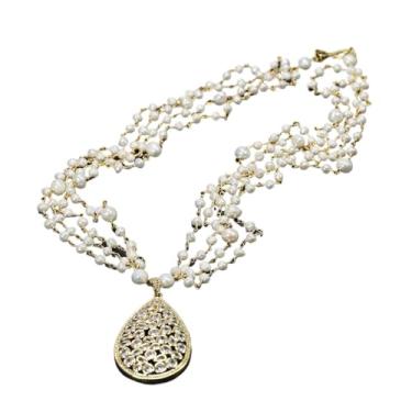 Imagem de DWBPGVUN Colar de corrente de pérola branca de 63,5 cm, 4 fios, pingente de conector banhado a ouro para mulheres