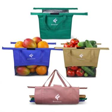 Imagem de Bixtaneab Sacolas ecológicas para carrinho de compras – Conjunto de 4 sacolas de supermercado reutilizáveis com refrigerador, suporte para ovo/vinho, fundo de malha, lavável na máquina, leve, compacto