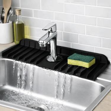 Imagem de Tapete de pia de torneira de silicone - antiderrapante reutilizável bandeja de pia de secagem de pratos tapete protetor de respingos para cozinha banheiro serve para trailer, bancada (preto, 13,38" ×
