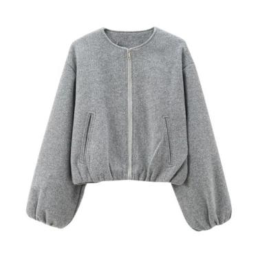 Imagem de Jaqueta Bomber Feminina Preta Cropped Com Zíper, Casaco De Inverno Est