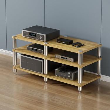 Imagem de Suporte de mídia de prateleira de jogos – Torre de rack de áudio portátil para projetores, leitores de DVD, consoles de jogos e caixas de cabos – Design de madeira elegante, solução de armazenamento