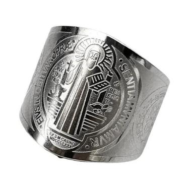 Imagem de Anel Unissex Ajustável Com Medalhão De São Bento Em Aço Inoxidável - J