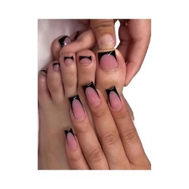 Imagem de Unhas Postiças Nude Brilhantes 48 Peças Com Borda Francesa Preta Para 