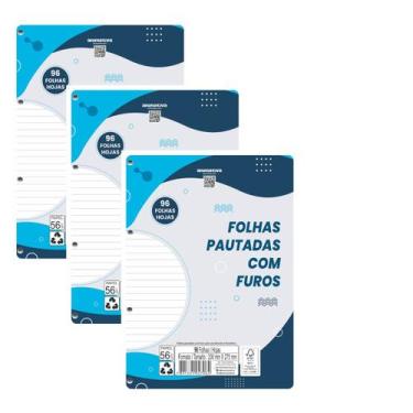 Imagem de Kit 3 Refil Fichário A4 Pautado 96 Folhas Cada c/ Furos - Animativa