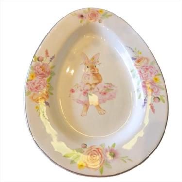 Imagem de Petisqueira Floral Coelho Rosa Oval Prato Mesa Posta Páscoa - TOK