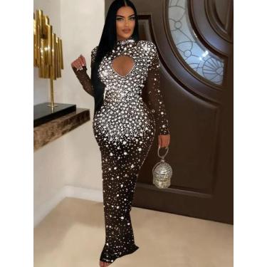 Imagem de Vestido Longo Maxi Feminino Prateado Com Strass E Lantejoulas Transpar