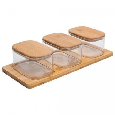 Imagem de Conjunto 3 Potes com Tampa e Bandeja de Bambu Vidro Borossilicato 400 