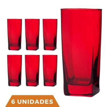 Imagem de Copo Vidro 320ml Quadrado BALI Jogo com 6 Vermelho Luxo - Casa Linda