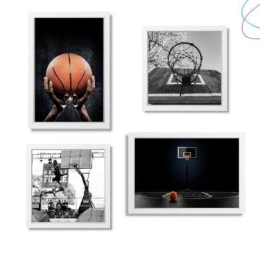Imagem de Kit com 4 Quadros Decorativos Basquete Esporte - Creative Cat, Branco