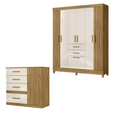 Imagem de Guarda Roupa Kit Malta e Cômoda Venus 7 Portas de Bater 6 Gavetas MDP Freijo-off White-...