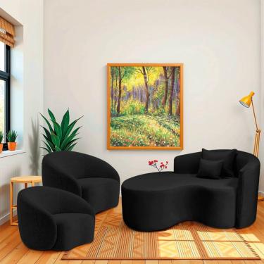 Imagem de Kit Recamier Curvo Sala De Estar Inglaterra 150cm Lado Esquerdo E 2 Poltronas Orgânica Luxo Amore Linho Preto