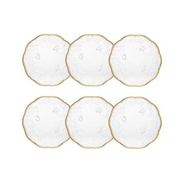 Imagem de Cj 6 Pratos para Sobremesa de Cristal Transparente C/Fio de Ouro New Butterfly 20cm Lyor