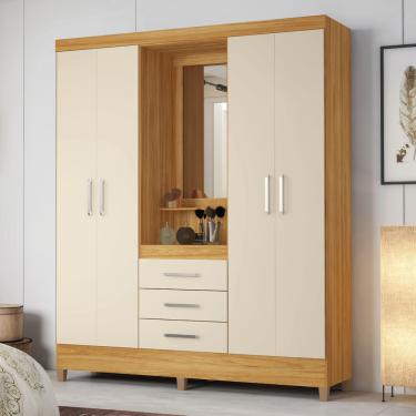 Imagem de Guarda Roupa Solteiro com Espelho 4 Portas 3 Gavetas Capelinha e Pés Persia Demóbile - Cinamomo/Off White