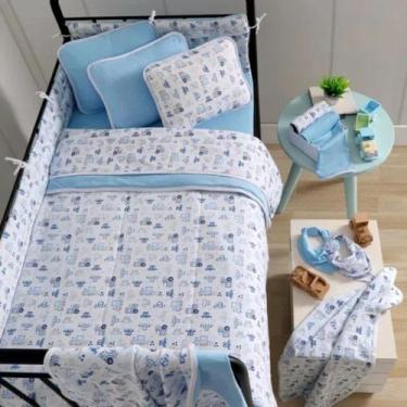 Imagem de Kit Berço Manta Dupla Lençol Fronhas Azul Carrinho 100 Algodão Sul Bra