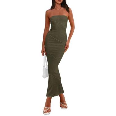 Imagem de Vestido PRETTYGARDEN Longo Justo Sem Alças Canelado Verde Militar