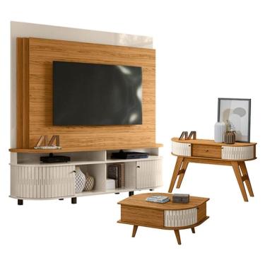 Imagem de Estante Home Theater Daytona com Aparador Estoril e Mesa de Centro Indianápolis Naturale Off White – Madetec