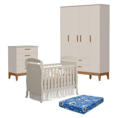 Imagem de Quarto De Bebê 4 Portas Com Cômoda Gaveteiro Flip E Berço Americano Danny Areia Acetinado Com Colchão Ortobom - Reller