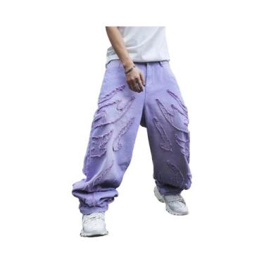 Imagem de Jeans desgastados roxos estilo rua alta para homens, calças largas sol