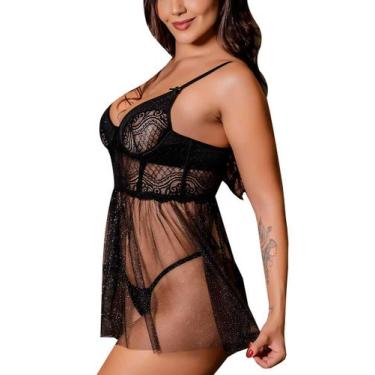 Imagem de Camisola Curta em Renda e Tule Glitter - Universo Feminino, Preto, G (