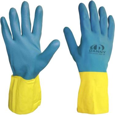 Imagem de Luva de Látex para Proteção Química DA-224D Palma Antiderrapante Azul Amarela Tamanho XG Danny EPI