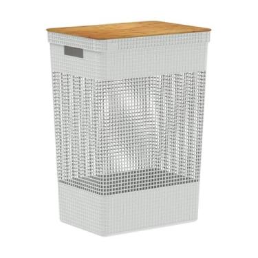Imagem de Ou Cesto de Roupas com Tampa de Bambu 49L Branco Oceano Linha Grid