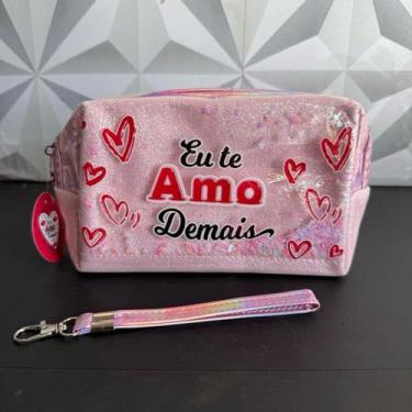 Imagem de Necessaire personalizada te amo demais com frase com glitter para maqu