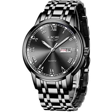 Imagem de LIGE Relógios masculinos à prova d'água de aço inoxidável analógico com data e quartzo, relógio de pulso masculino clássico para negócios, 9, preto, prata, Relógio de quartzo