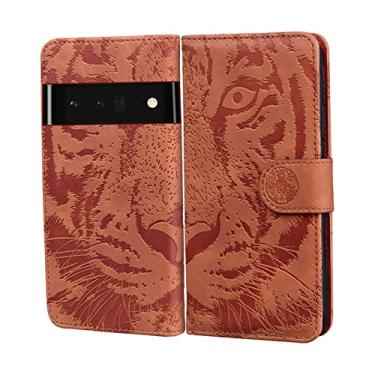 Imagem de Capa carteira para Google Pixel 6/6 Pro, estampa de tigre em relevo couro PU capa carteira magnética com compartimentos para cartões Kickstand Flip Capa, Marrom, 6 6,3 polegadas