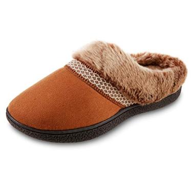 Imagem de isotoner Pantufa feminina com capuz Mallory de microcamurça, com espuma viscoelástica e sola interna/externa, Conhaque, 8.5-9