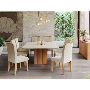 Imagem de Conjunto de Mesa de Jantar com Tampo de Vidro Off White Ana e 8 Cadeiras Clarice Suede Nude e Nature
