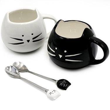 Imagem de Koolkatkoo Cute Cat Ceramic Black & White Kitty Cat Mugs and Spoons Set 350ml Coffee Mug Gift, Cat Lover Gift,