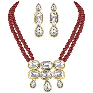 Imagem de Aheli Gargantilha étnica de pérolas de cristal com brincos indianos tradicionais Bollywood conjunto de joias para mulheres e meninas