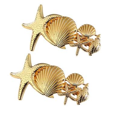 Imagem de Pacote com 2 clipes de cabelo de metal Starfish Shell clipes franceses, presilhas de cabelo, presilhas de cabelo estilosas para mulheres, meninas, acessórios de joia de cabelo dourado ou prateado, Dourado