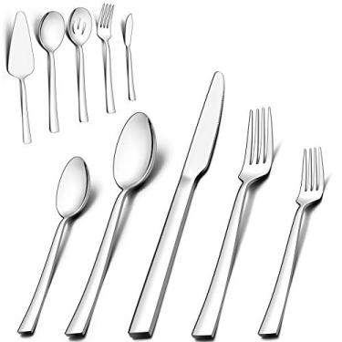 Imagem de LIANYU Conjunto de talheres de 65 peças com utensílios de servir, conjunto de talheres quadrados de aço inoxidável para 12, acabamento espelhado, pode ser lavado na lava-louças