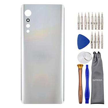 Imagem de Sunways Capa traseira de vidro porta da bateria com adesivo pré-cortado na substituição da capa para LG Velvet Velvet 5G UW Velvet 5G LM-G910EMW LMG910EMW LM-G900N LM-G900EM LM-G900V Aurora Silver