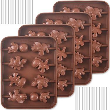 Imagem de Newk Molde de silicone Lollipop, 4 pacotes de 8 cavidades antiaderentes de silicone de dinossauro para doces de chocolate pirulito, com 80 palitos