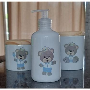 Imagem de Kit Higiene Bebê 3 peças - Príncipe Ursinho Azul - Peças Porcelana Tampa Pinus