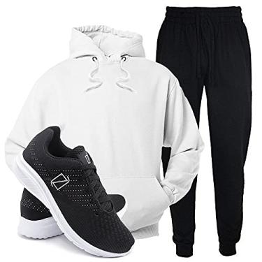 Imagem de Conjunto Blusa e Calça Moletom + Tenis Academia Casual Conforto - Branco/PretoBranco - M/43