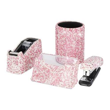 Imagem de Bling Crystal Luxury Handmade Diamond Round Pencil Pen Pot Holder & Stapler & Card Holder & Desktop Tape Dispenser Kit de papelaria de escritório para meninas e mulheres da moda (rosa)