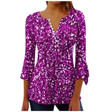 Imagem de On Beach Dress Camisetas femininas manga 3/4 com botões Henley tops e blusa cintura império verão túnica tops para leggings roxo escuro, Roxo escuro, XG