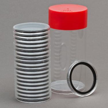Imagem de 1 recipiente de armazenamento de moedas Air-Tite e 20 anéis pretos de 40 mm Air-Tite Coin Holder Capsules para águias prateadas